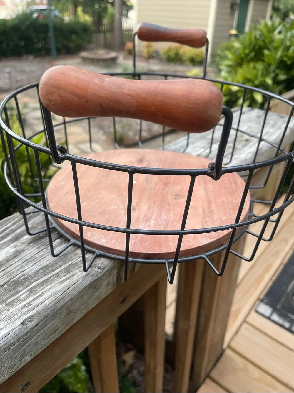 Wire Metal Storage Basket with Wood Bottom and Handles